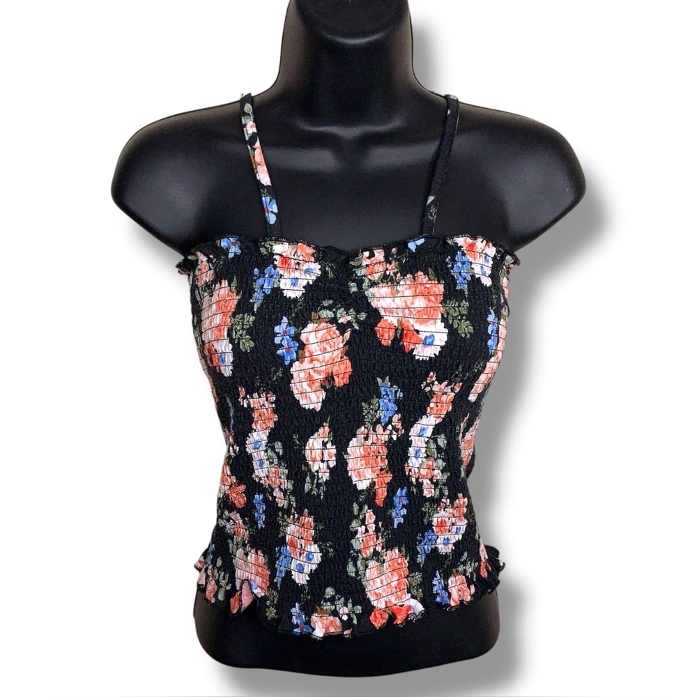 Medium Almost Famous Smocked Floral Crop Top Black Orange Blue Cropped Stretch